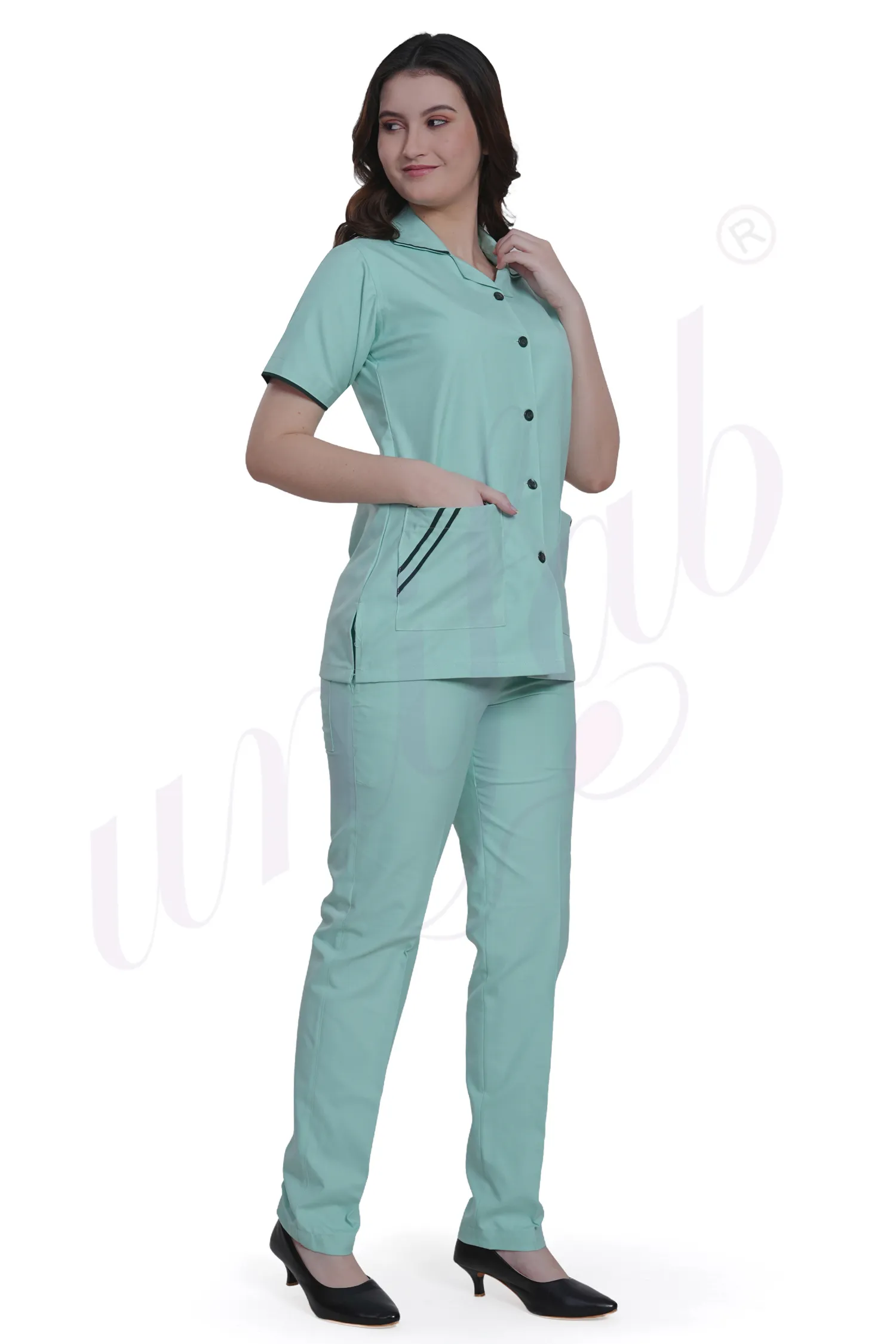 Nursing Uniform Light Green with Bottle Green Trim