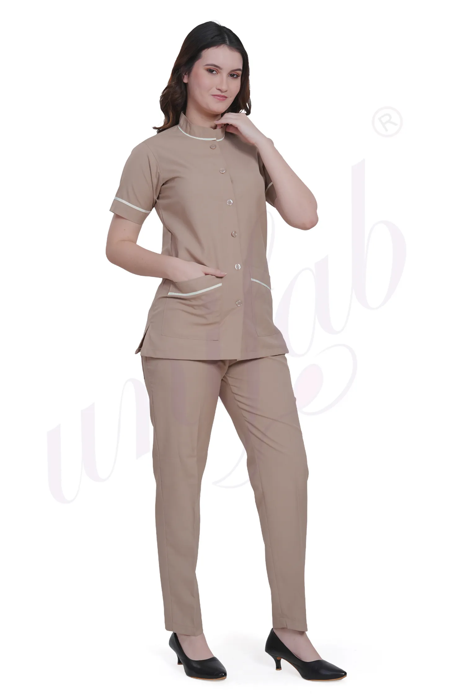 Housekeeping Female Set Beige with Off White Trim