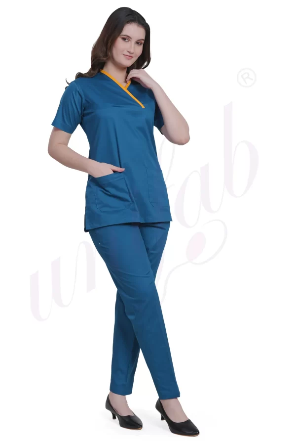 Medical Scrub Female Caribbean Blue with Yellow Trim
