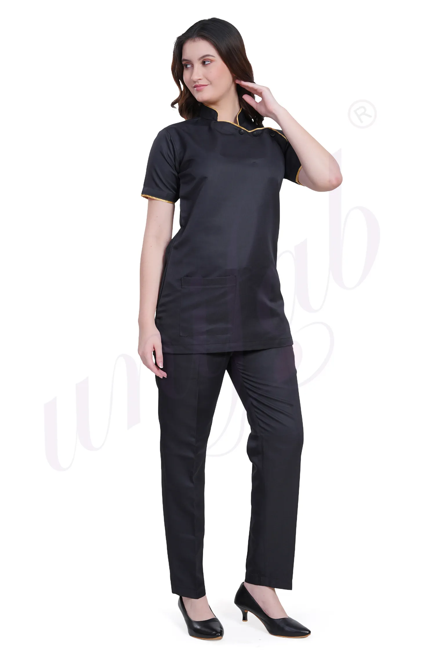 Spa Tunic Uniform Set Black with Gold Trim