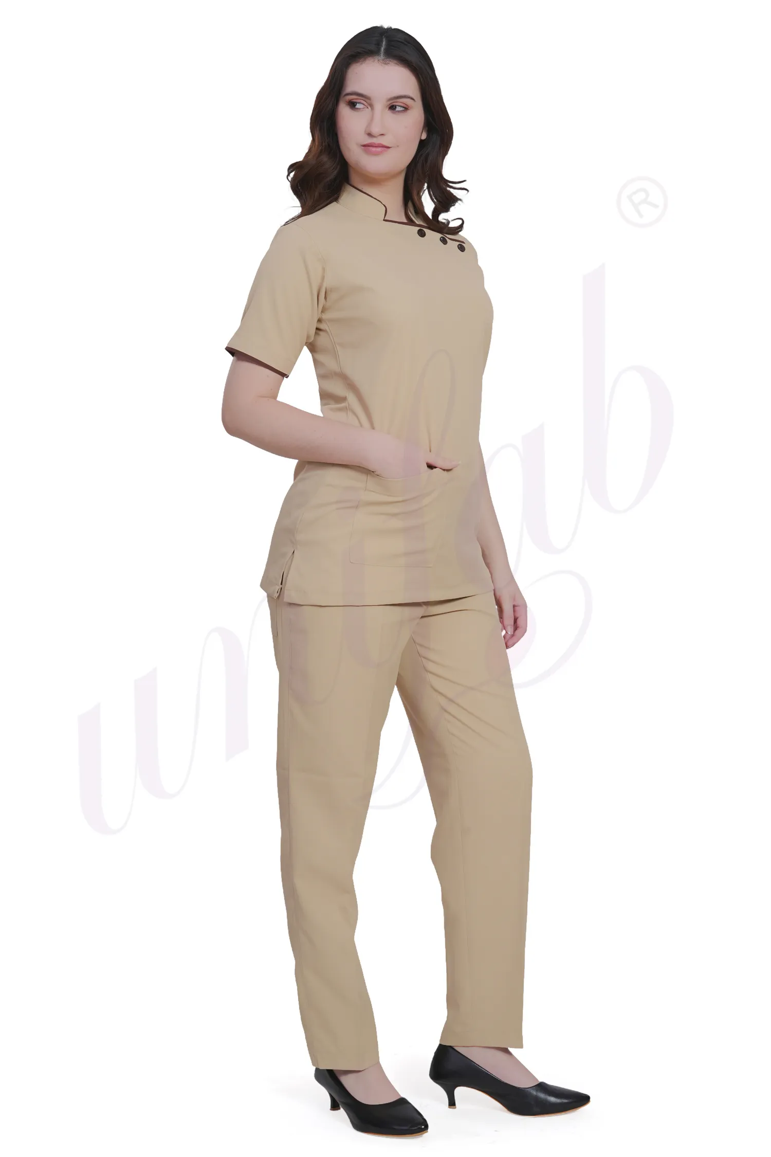 Spa Tunic Uniform Set Beige with Brown Trim
