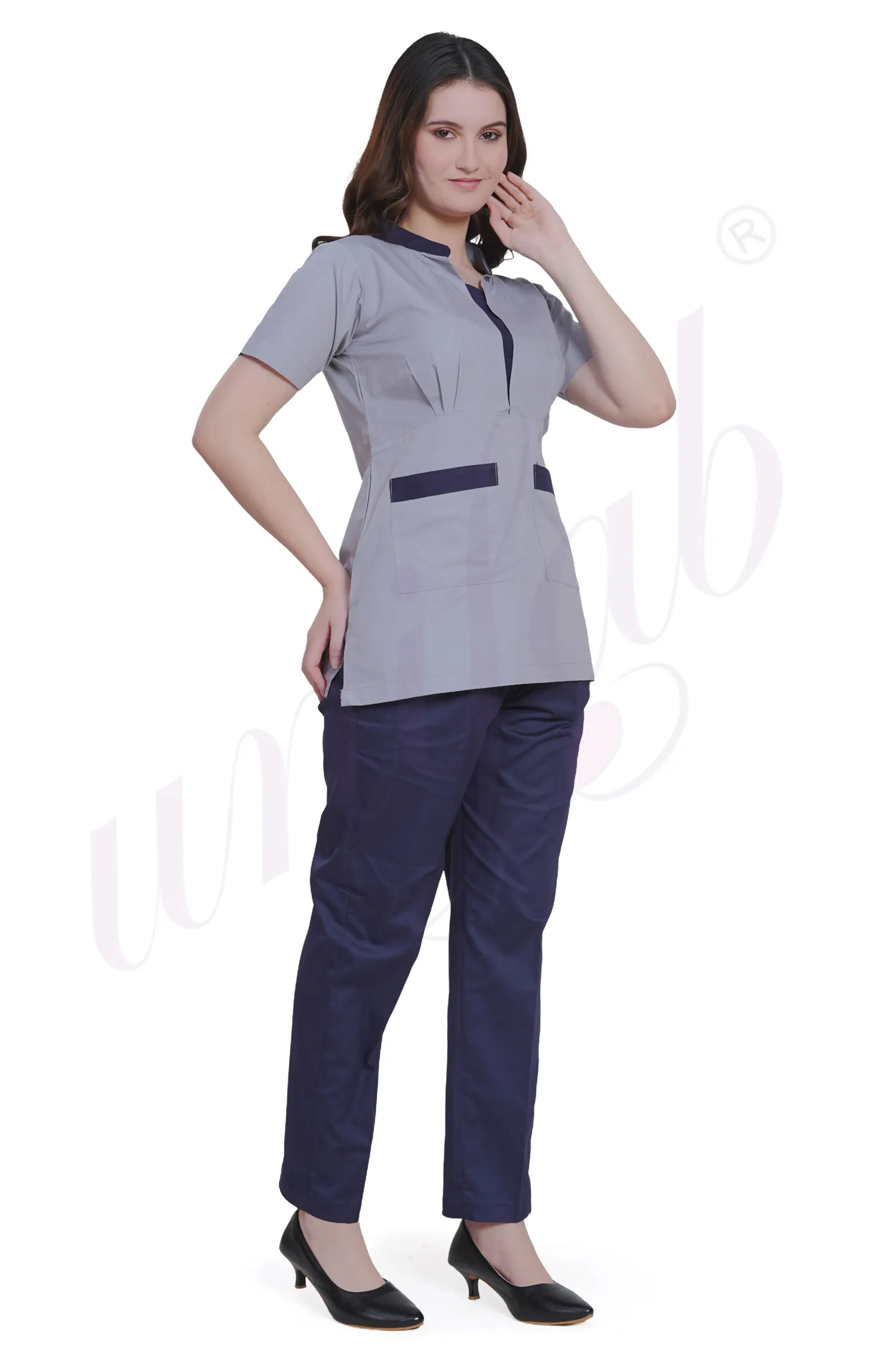 Spa Tunic Uniform Set Grey with Navy Trim